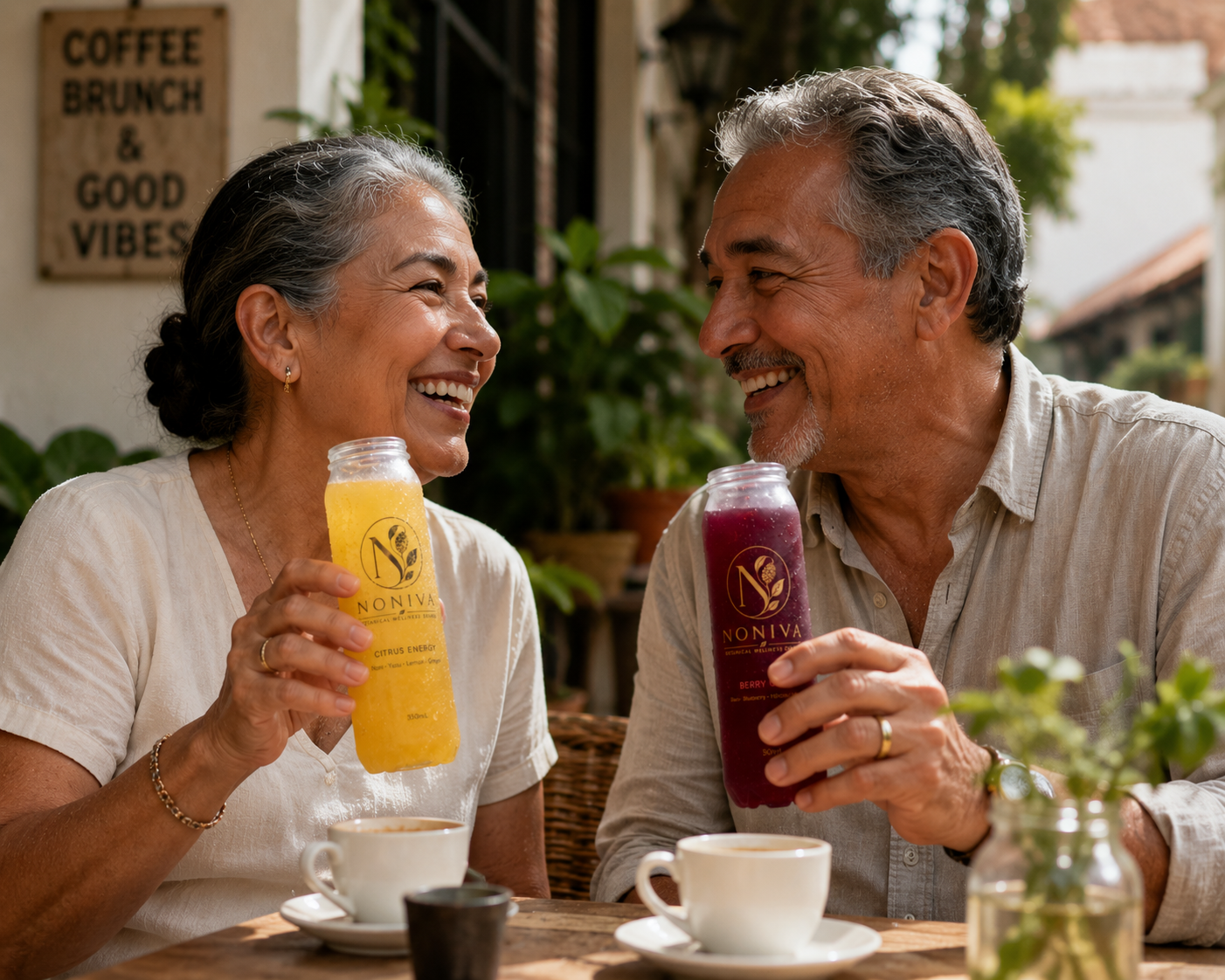 Couple holding NONIVA drinks